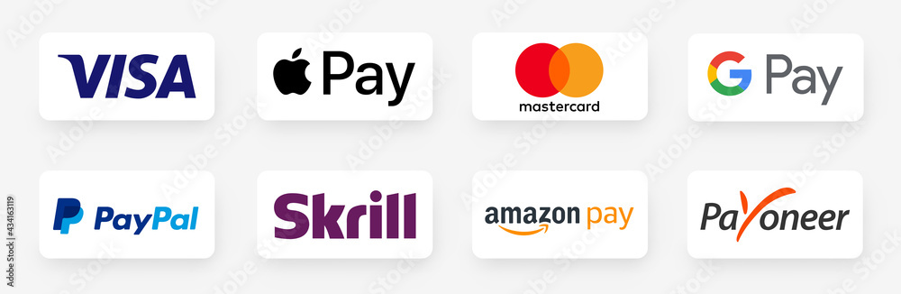 Buttons popular payments systems. Paypal, payoneer, visa, discover,  mastercard, skrill, apple pay, google pay, american express, Amazon Pay.  Online payment methods systems. Vector illustration Stock Vector | Adobe  Stock