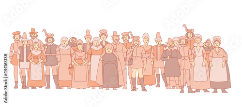 Medieval crowd people. A collection of cute funny male and female characters for a fairy tale background. Muted color vector illustration in a flat cartoon style, isolated on a white background