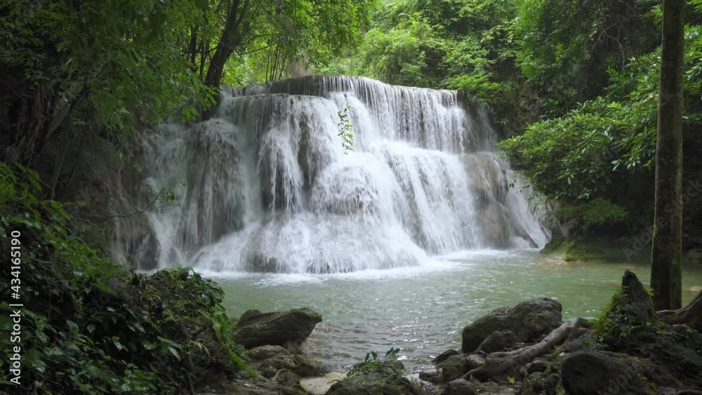 Huai Mae Khamin Waterfall, third level, wild tropical forest in National Park, Kanchanaburi, Thailand