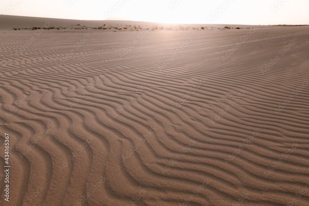 Picturesque view of dunes with uneven surface and sandy hills under light sky in desert Picturesque view of dunes with uneven surface and sandy hills under light sky in desert