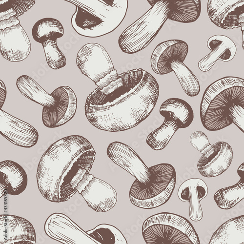 Champignons mushrooms seamless pattern, isolated on beige background