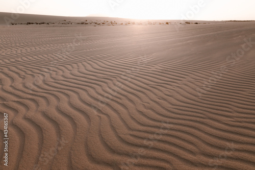 Picturesque view of dunes with uneven surface and sandy hills under light sky in desert photo