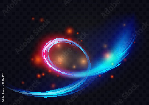 Light circle swirl spiral shapes and lines, abstract energy effect vector illustration. Shiny neon rings shine with flying magic bright luminous particles and sparkles on transparent black background