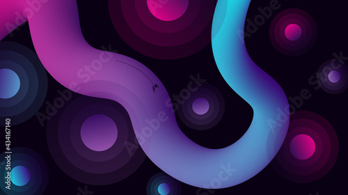 Curved pink blue pipe and circles on dark vector illustration.