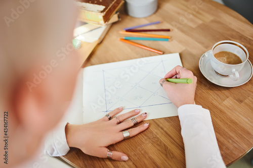 From above of crop unrecognizable female astrologist taking notes on paper with geometric drawing at desk with cup of coffee photo