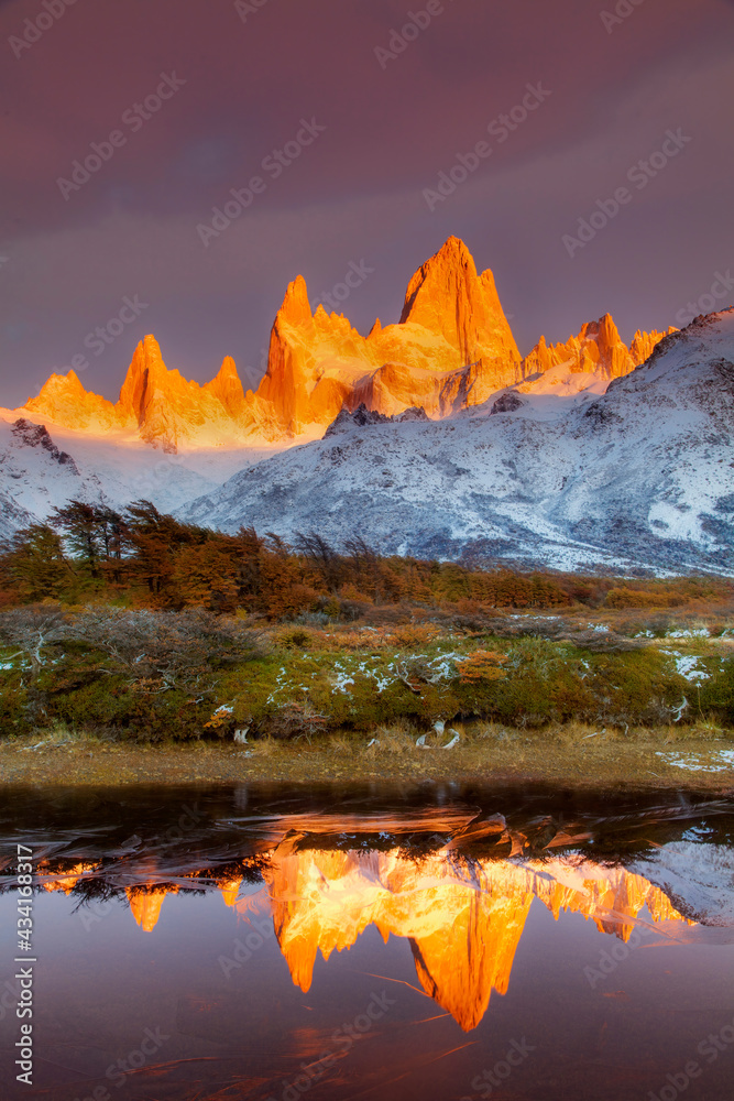 lake in the mountains, Sunrise at El Chalten, Patagonia, Argentina