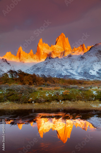 lake in the mountains, Sunrise at El Chalten, Patagonia, Argentina