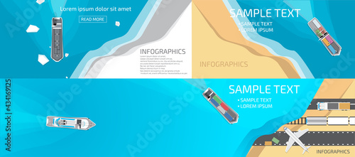 Different types of ships, in the sea or ocean, and land transport, infographics.