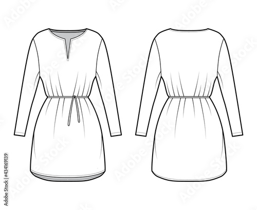Dress tunic technical fashion illustration with tie, long sleeves, oversized body, mini length skirt, slashed neck. Flat apparel front, back, white color style. Women, men CAD mockup