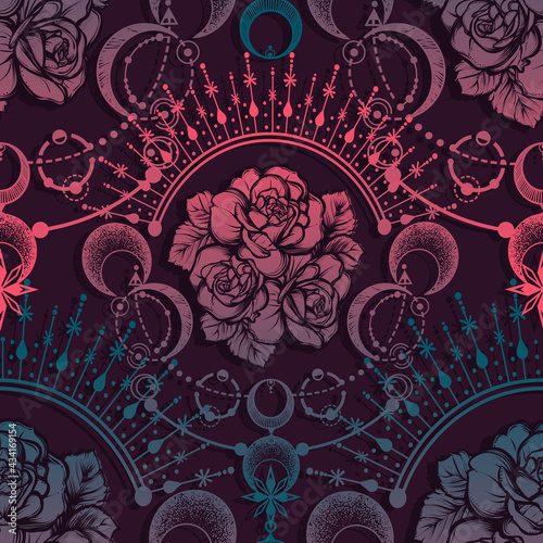 Vector illustration, astronomical geometry, moon, stars, roses, tattoo, print on t-shirt, Handmade, seamless pattern, dark violet background