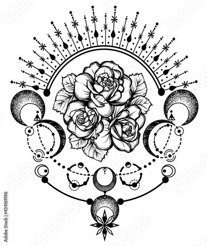 Vector illustration, astronomical geometry, moon, stars, roses, tattoo, print on t-shirt, Handmade