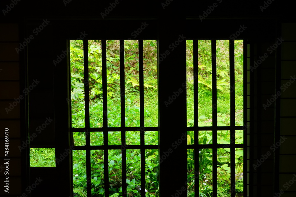 Landscape of fresh green grass from lattice window in Japan - 日本 格子窓からの春の景色 Landscape of fresh green grass from lattice window in Japan - 日本 格子窓からの春の景色