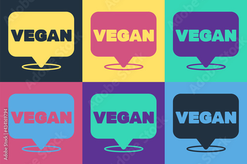 Pop art Vegan food diet icon isolated Pop art background. Organic, bio, eco symbol. Vegan, no meat, lactose free, healthy, fresh and nonviolent food. Vector