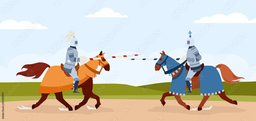 Knights tournament of horsemen armed with lances, flat vector illustration.