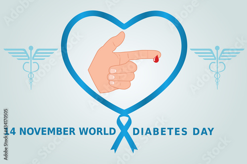 14 November world diabetes day illustration vector. Diagnosis, prevent, protection concept with hand, ribbon and blood drop.