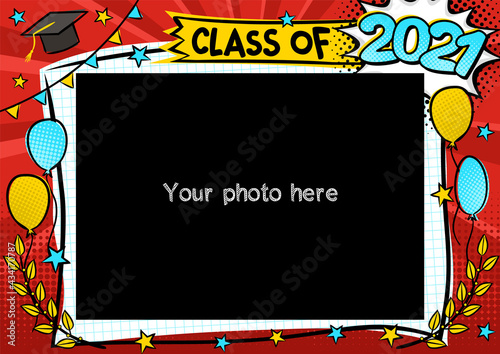 Graduation photo frame in pop art style for 2021. Bright page for class photos. Template for the design of frames for graduates, photographs, posters, cards, stickers. Vector illustration.
