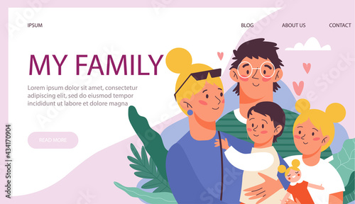 My family website with happy parents and children cartoon vector illustration.