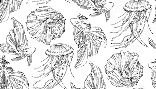 graphic seamless pattern with siamese fighting fish and jellyfish. Black and white vector.