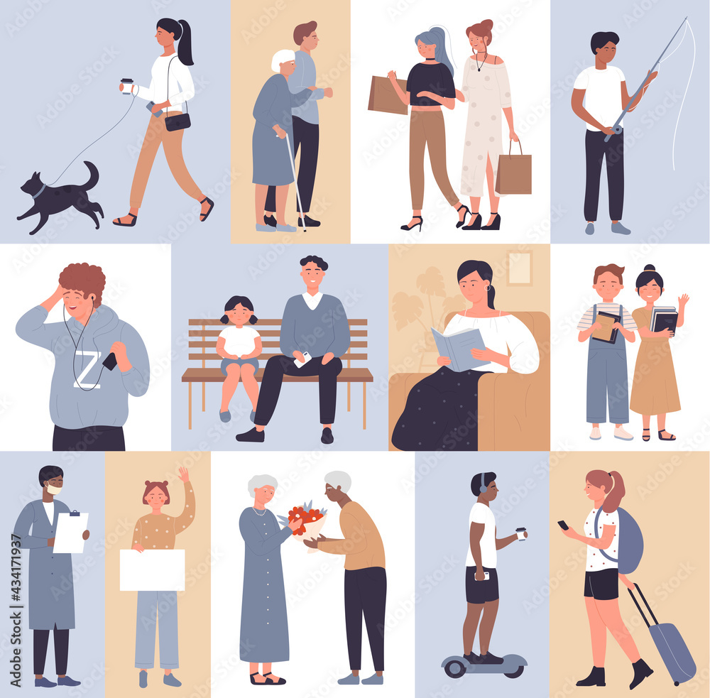People in lifestyle activity scenes vector illustration set. Cartoon active happy woman man walk dog, listen to music and hold fishing rod, fashion girl shopping, elderly male character giving flowers