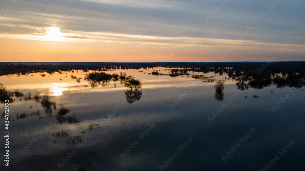 Flooded trees during a period of high water at sunset. Trees in water at dusk. Landscape with spring flooding of Pripyat River near Turov, Belarus. Nature and travel concept.