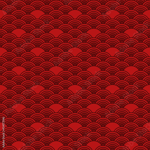 Seamless pattern in chinese style. Red asian background with waves.
