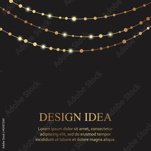Modern luxury card template for wedding or business or presentation or birthday greeting with golden chains with beads or gerlands on a black background.