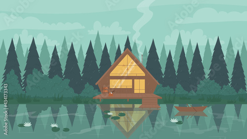 Fisherman modern wooden stilt house in forest vector illustration. Cartoon mountain landscape, reflection of riverside cabin cottage with window lighting in calm waters of lake or river background