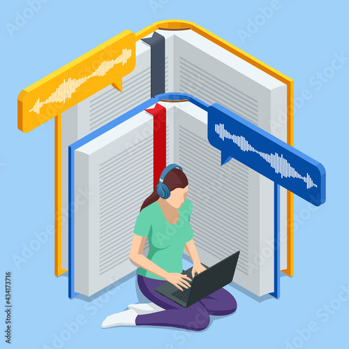 Isometric Audiobooks concept. Listening to e-books in audio format. Books online. Online training banner