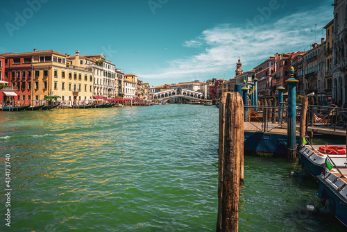 View of the Rialto Bridge on the Grand Canal in Venice.
