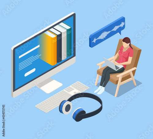 Isometric Audiobooks concept. Listening to e-books in audio format. Books online. Online training banner