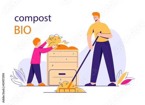 Recycling of garden waste. The father rakes the foliage, the son puts it in the compost bin. Composting concept. Vector illustration in flat cartoon style.