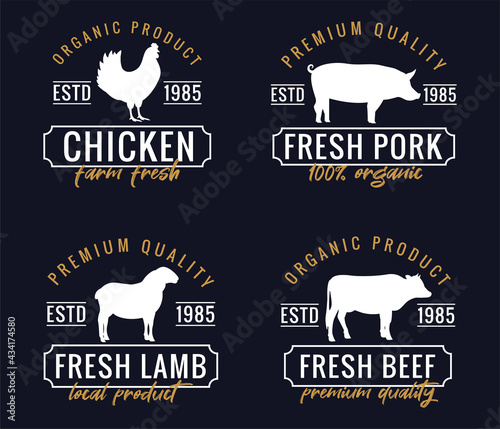 Collection of meat labels with farm animals. Silhouettes of chicken, cow, sheep and pig.  For menu, packing, restaurant, butcher shop,  web.Hand drawn vector illustration.Organic food, fresh farm meat