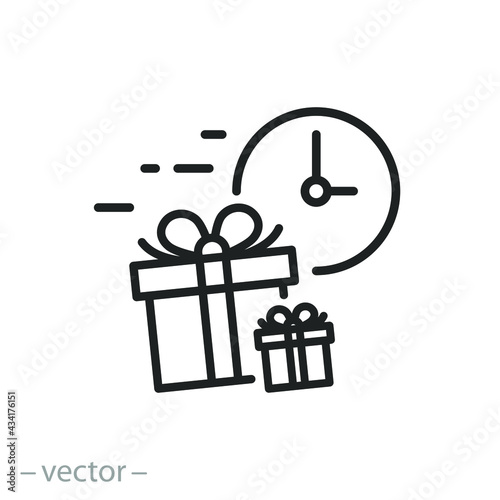 gift time icon, surprise box wiht clock, hour discount or incentive, present shopping, thin line symbol on white background - editable stroke vector eps10