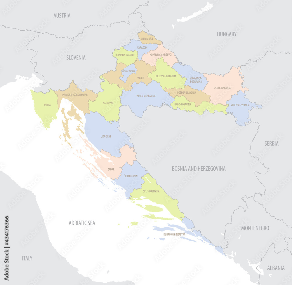 Obraz premium Detailed location map of Croatia in Europe with administrative divisions of the country, vector illustration