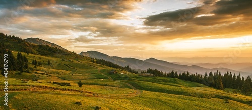 panoramic summer sunrise scenery, stunning landscape in the mountains, mountains hills and wonderful morning sky, 