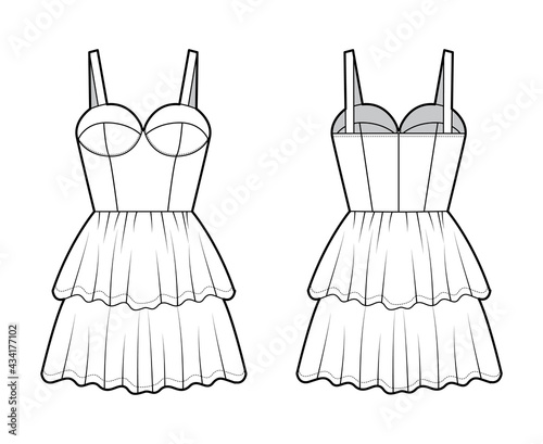 Bustier dress technical fashion illustration with shoulder straps, fitted body, 2 row mini length ruffle tiered skirt. Flat apparel front, back, white color style. Women, men unisex CAD mockup