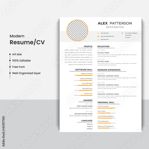 Clean Resume Template; Modern Resume Vector Template; A4 size Resume Template