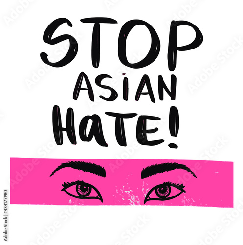 Quote: stop asian hate. Red and white banner. Stop asian hate, modern creative banner, sign, design concept, social media post with white text and stop hand sign on a black background 