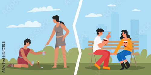 Primitive caveman cavewoman, modern people on date vector illustration. Cartoon prehistoric couple characters light fire together, girl and guy in modern clothes dating, sitting on city park bench