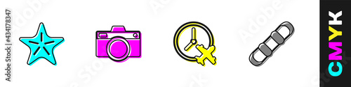 Set Starfish, Photo camera, Clock with airplane and Snowboard icon. Vector