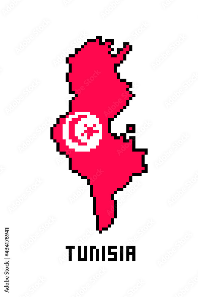 Obraz premium Republic of Tunisia, 8 bit pixel art african country map with flag isolated on white background. Old school vintage retro 80s, 90s computer, video game graphics. Slot machine design element.