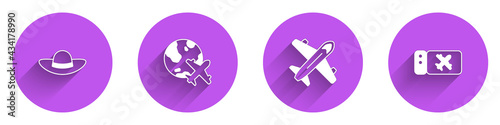 Set Elegant women hat, Globe with flying plane, Plane and Airline ticket icon with long shadow. Vector