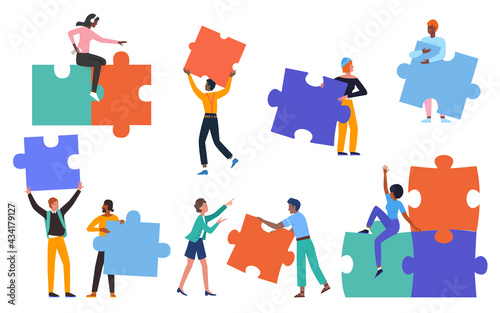 People building creative puzzle concept vector illustration. Cartoon man woman group of characters wearing casual clothes, holding puzzle jigsaw pieces to create success idea startup background