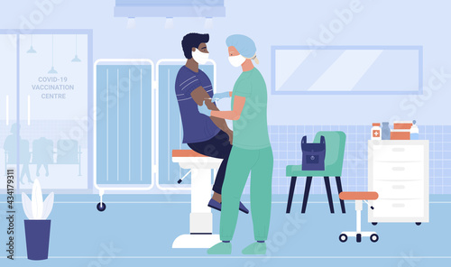 Vaccination, medical treatment, prevention and immunize vector illustration. Cartoon man doctor character making flu vaccine injection to man in hospital, immunization medicine healthcare background