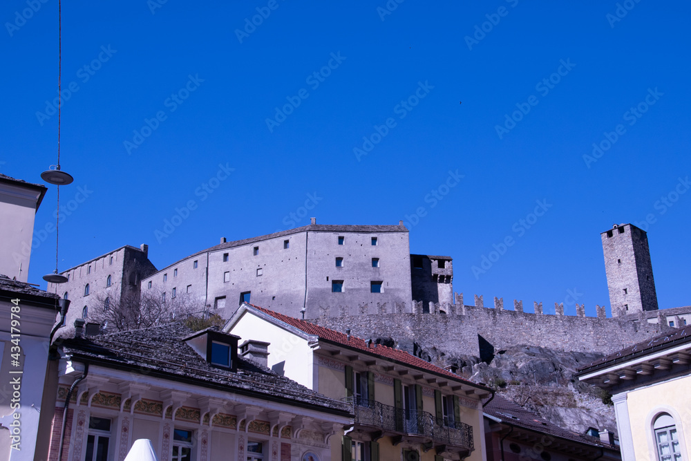 View of beautiful ancient city of Bellinzona in Switzerland with Castelgrande castle from Montebello