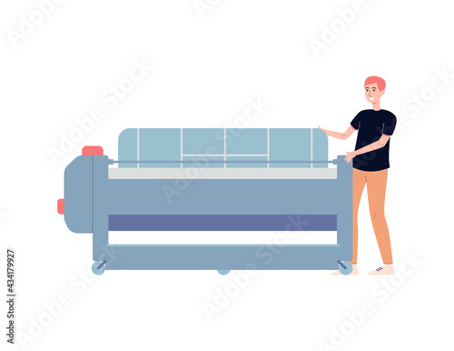 Winemaking plant employee working on press, flat vector illustration isolated.