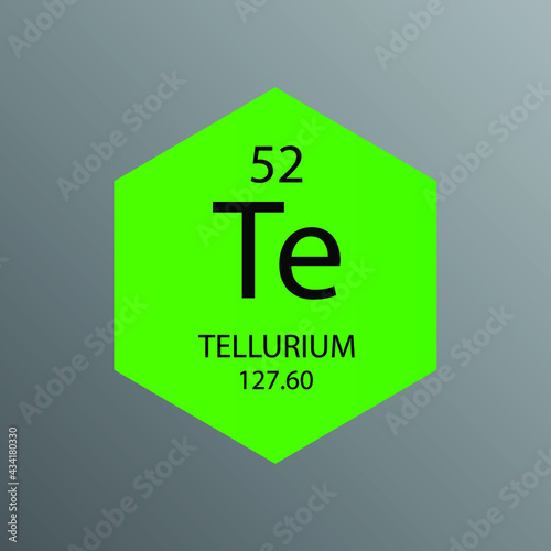 Te Tellurium Metalloid Chemical Element Periodic Table. Hexagon vector illustration, simple clean style Icon with molar mass and atomic number for Lab, science or chemistry education.