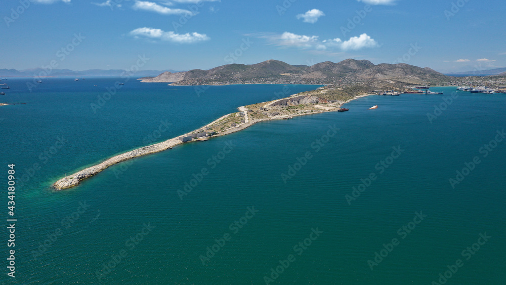 Aerial drone photo of iconic peninsula of Kinosoura or dog's tail in industrial part of island of Salamina, Saronic gulf, Greece