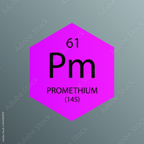 Pm Promethium Lanthanide Chemical Element Periodic Table. Hexagon vector illustration, simple clean style Icon with molar mass and atomic number for Lab, science or chemistry education.