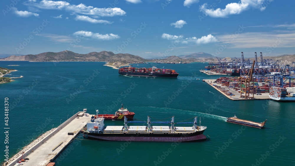 Aerial drone photo of logistics and container terminal of Perama near commercial port of Piraeus, Attica, Greece